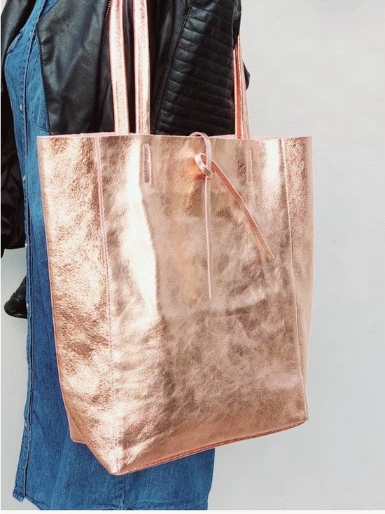 borse in pelle Handbags - Borse in Pelle Leather Metallic Rose Gold Women’s Large Tote Shoulder Bag